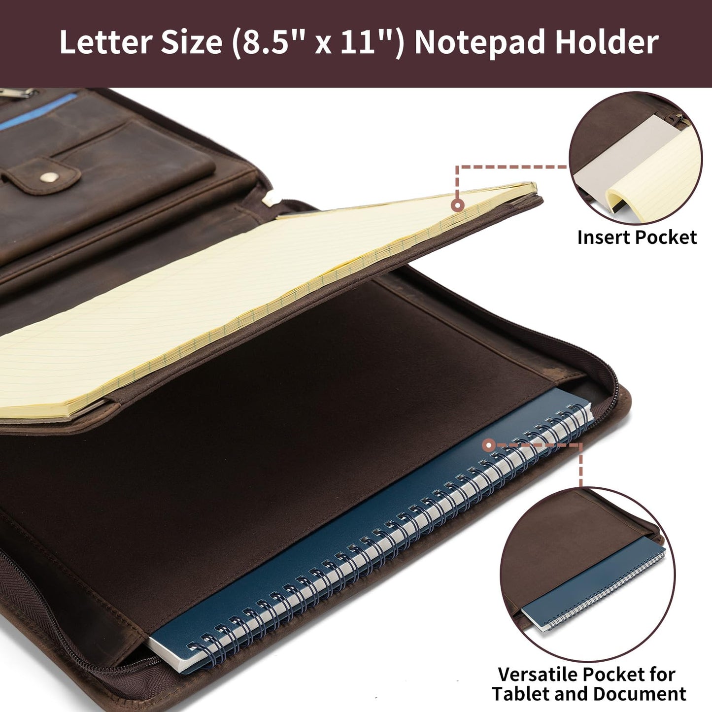 Geslun Genuine Leather Portfolio with Front Pocket for Men and Women, 8.5 x 11 Legal Pad Notepad Holder, Zippered Business Organizer, Professional Executive Letter Notebook Folder for Work, Dark Khaki
