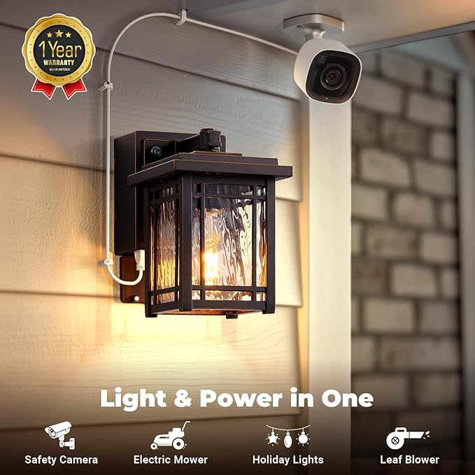 Front Porch Lights with GFCI Outlet, Oil Rubbed Bronze Dusk to Dawn Outdoor Wall Lantern, Anti-Rust Outdoor Garage Lights Wall Mount, Exterior Sconce Lighting Fixtures with Water Ripple Glass