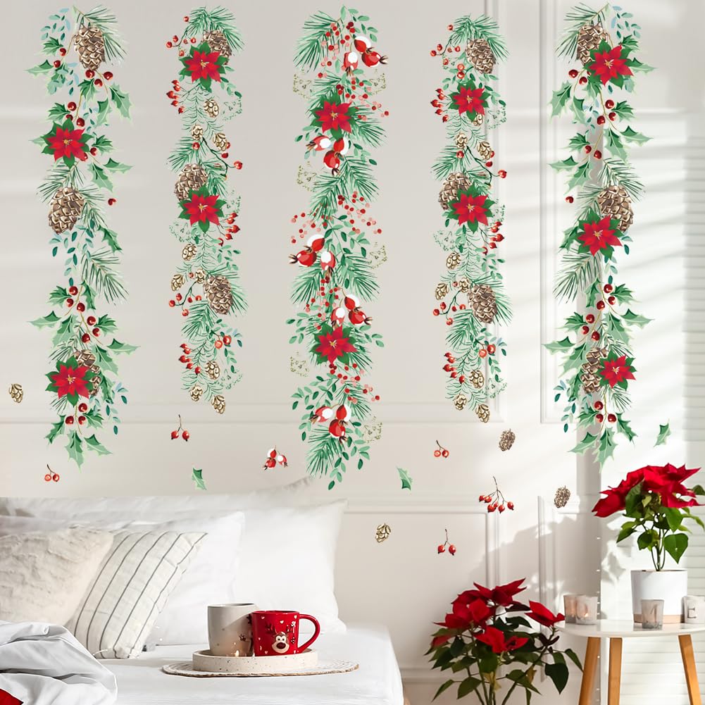 Christmas Garlands Wall Stickers Christmas Pine Cones Red Berry Vine Wall Decals Hanging Poinsettia Green Leaves Flower Window Decals for Xmas Winter Party Home Office Classroom Festival Decoration