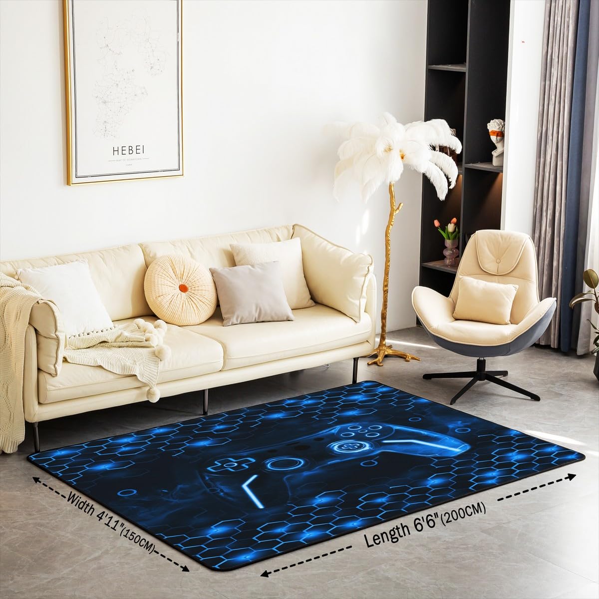 Feelyou Boys Gamer Rugs for Living Room Bedroom 3x5 Kids Gaming Honeycomb Area Rug Game Controller Decorative Carpet Set Hexagon Gaming Gifts Blue Indoor Floor Mat