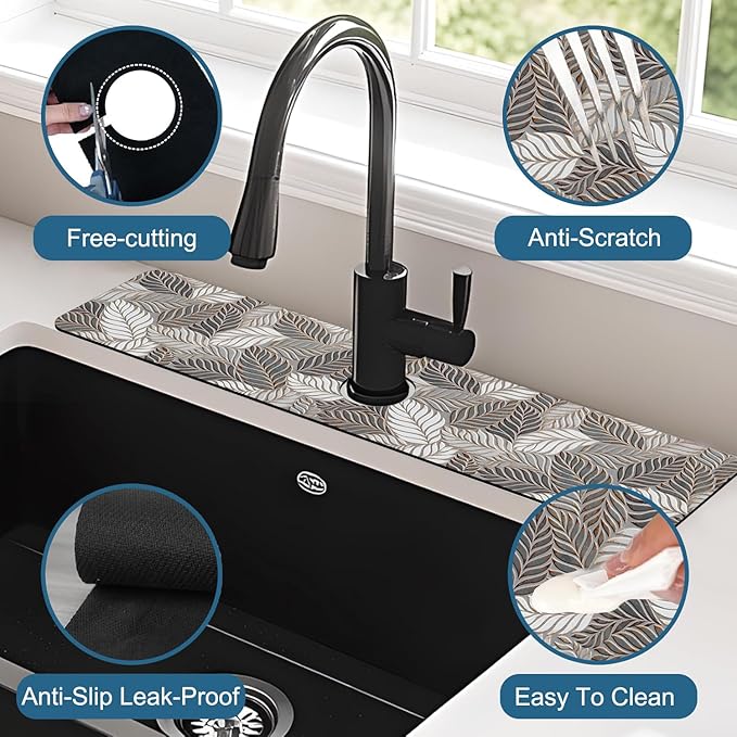 Embossed Leaf Texture Sink Faucet Absorbing Mat Grey Leaf Super Absorbent Fast