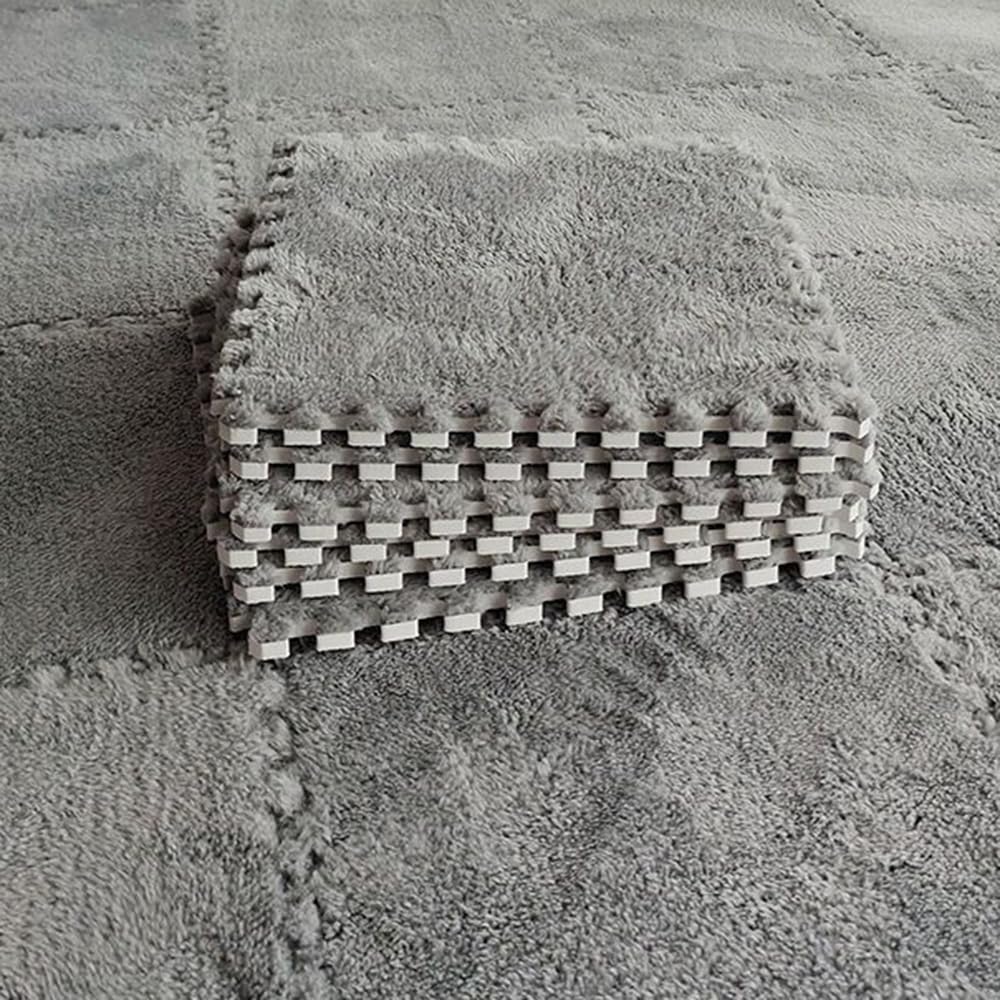 Kekon Square Interlocking Shaggy Soft EVA Foam Puzzle Mats Fuzzy Carpet Fluffy Area Rugs Set Tiles Plush Play Mat for Room Home Parlor Bedroom (12pcs, Gray)