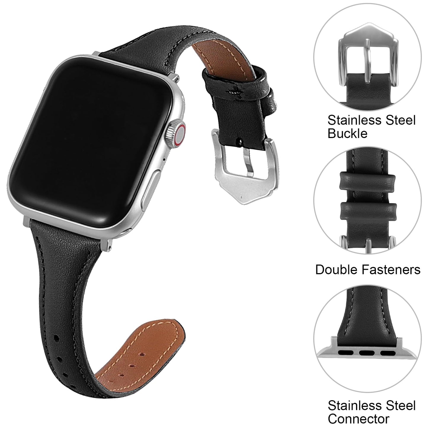 Slim Soft Genuine Leather Bands Compatible with Apple Watch Band 42mm 44mm 45mm 46mm 49mm for Women, Dressy Durable Leather Replacement Strap for iWatch Ultra1/2/3 SE1/2/3 11 10 9 8 7 6 5 4 3 2 1