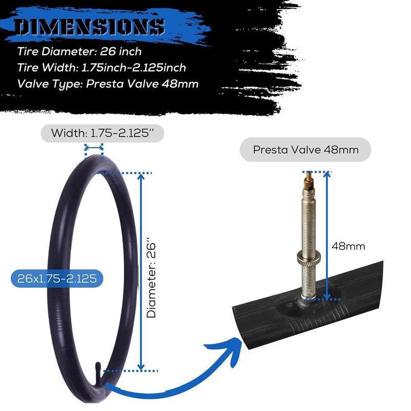Corki Cycles 26 Inch Mountain Bike Tire Inner Tube 26 x 1.75 1.85 1.9 1.95 2.0 2.1 2.125 Presta Valve 48mm, Heavy Duty Butyl Rubber 26in MTB Bicycle Tube Replacement 2 Pack
