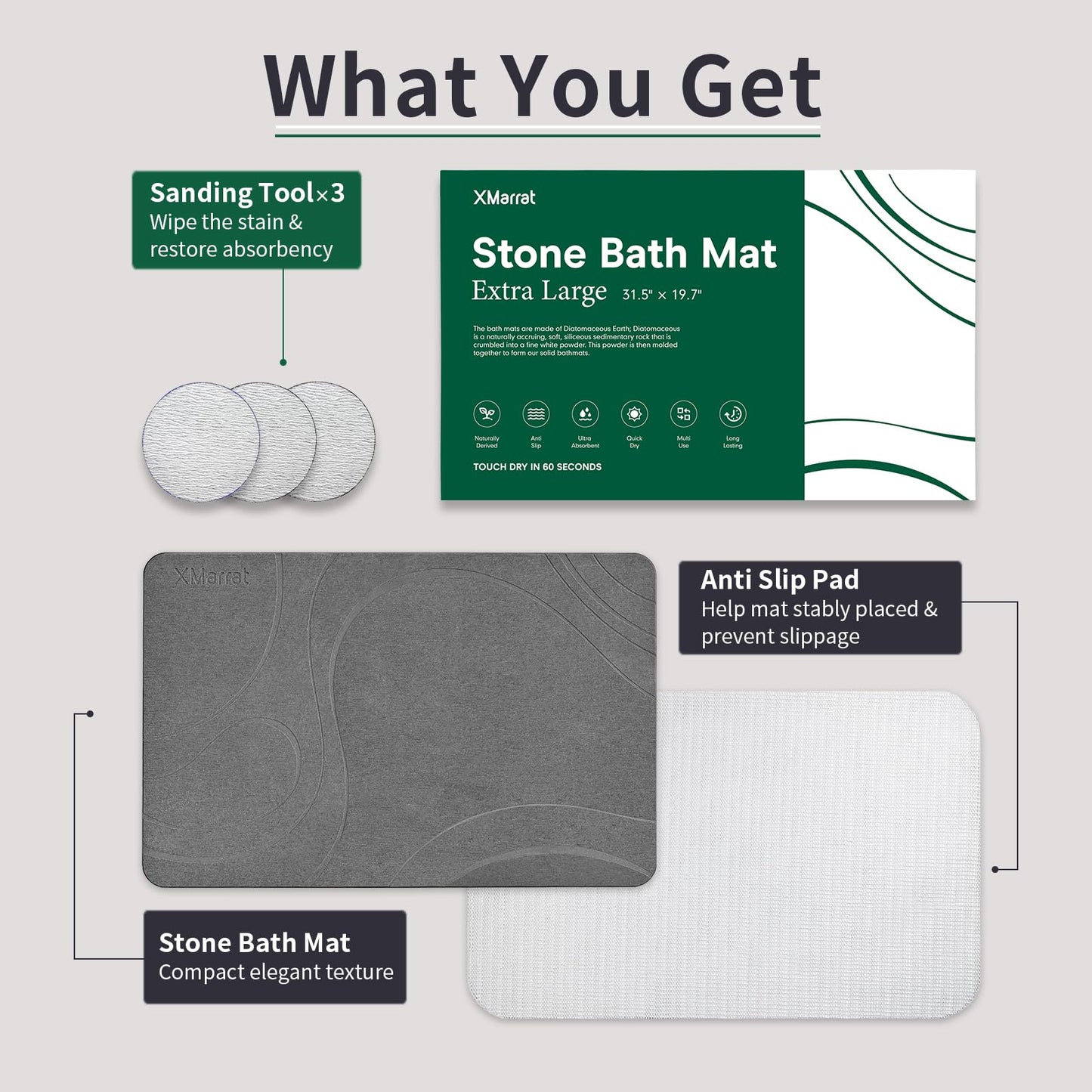 XMarrat Large Stone Bath Mat, Super Absorbent Diatomaceous Earth Bath Mat Large, Quick Drying Non-Slip Diatomite Stone Bath Mats for Bathroom, Easy to Clean (Dark Grey, Extra Large 31.5" x 19.7")