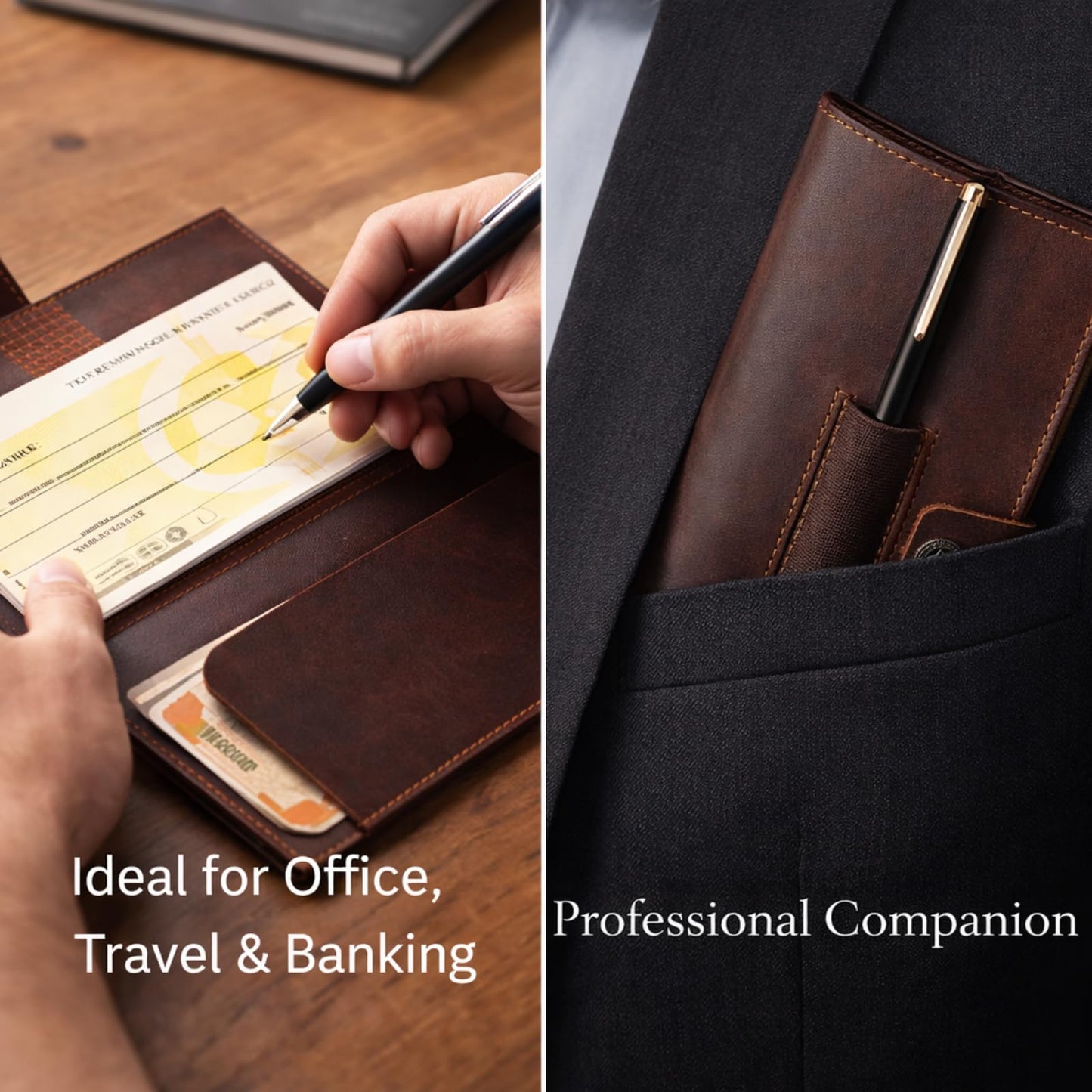 Brown Leather Checkbook Cover for Men & Women, Full Grain Check Book Wallet with Pen Holder, Fits Personal & Duplicate Checks, Slim Money Organizer Case, Durable Leather Checkbook Holder 7x3.75 Inches