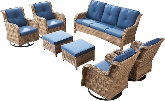 Rilyson Patio Furniture Swivel Chairs Set - 7 Piece Wicker Rattan Outdoor Sectional Conversation Sets with 4 Swivel Rocking Chairs,2 Ottomans and 1 Sofa for Porch Deck Garden(Yellow/Blue)