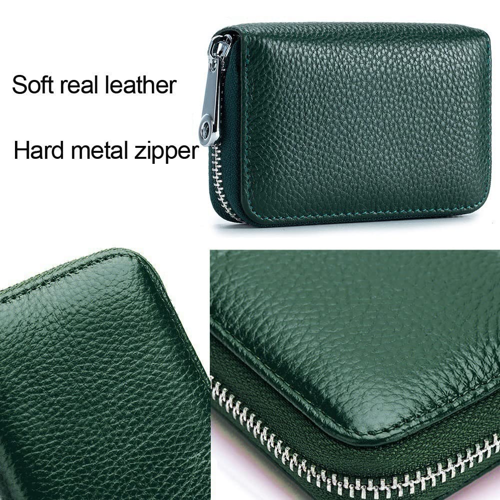 EASTNIGHTS RFID Credit Card Holder Genuine Leather Credit Card Wallet with Zipper (dark green)