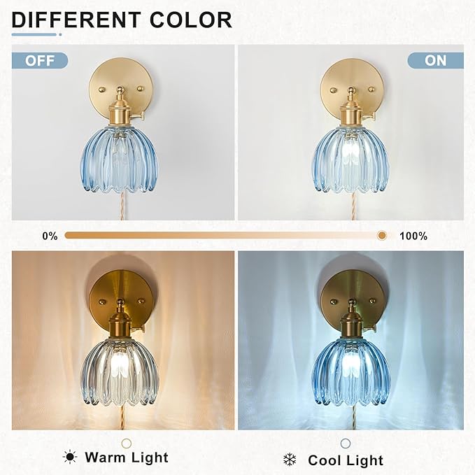 Plug in Wall Sconces Set of 2, Vintage Wall Sconce Light with Tulip Denim Blue Glass Lampshade, 180° Adjustable Wall Sconce with Switch and Plug in wall lamp Cord, Gold Wall Light Wall Decor Set of 2