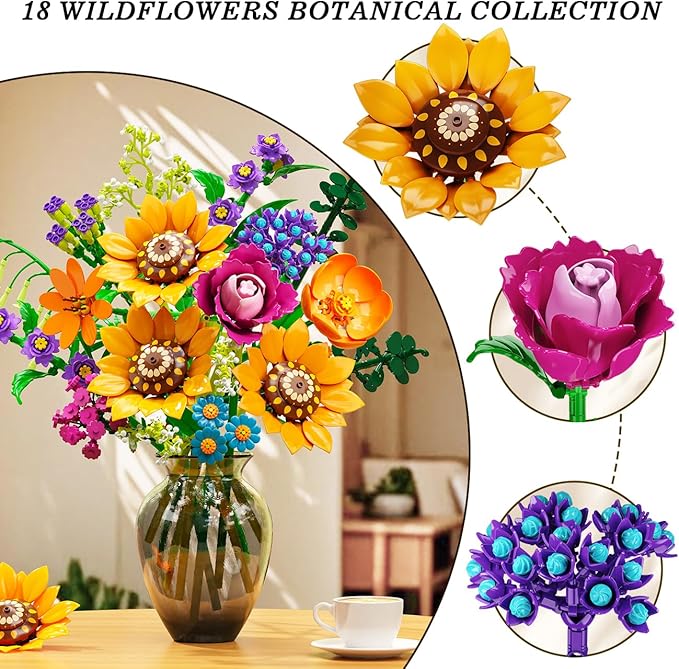 Wild Flowers Bouquet Building Set with Lights - 912PCS Wildflower 18 Botanicals Collection Building Blocks Sunflower Rose Plants Home Decor Easter Gift for Her Mom Women Adults Girls 12+