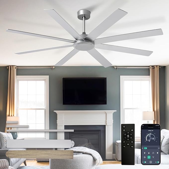 Depuley Large Ceiling Fan without Light: 66 Inch Indoor/Outdoor Fan Reversible DC Motor 6 Speed - Dual 8 Blades Big Ceiling Fans with No Light for Living Room Covered Patio, Silver