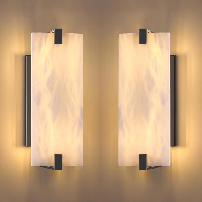 2 Pack 2 Light Square 12.75" Alabaster Marble Bathroom Wall Sconce Modern Concise Style Wall Light Fixture,Dark Gray Finish for Bedroom Hallway Bedside
