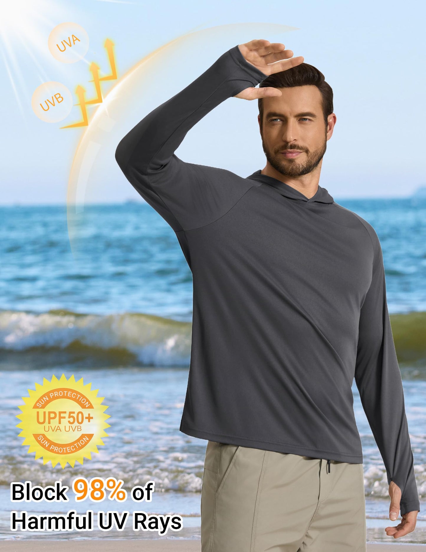 COOFANDY SPF 50+ Fishing Shirts for Men Long Sleeve Sun Protection Hoodie Lightweight Outdoor Hiking Running Rash Guard Dark Gray