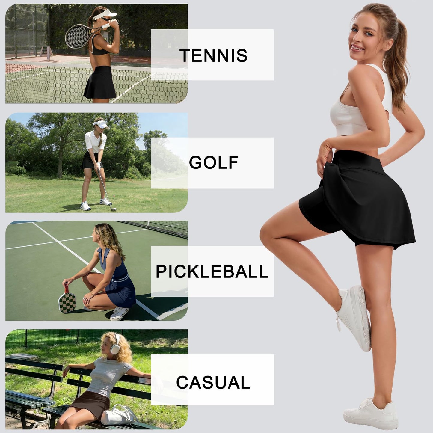 DLOODA Skorts for Woman, Tennis Skirt with Pockets Shorts Golf Skort High Waisted Athletic Skirts Workout Pickleball Black