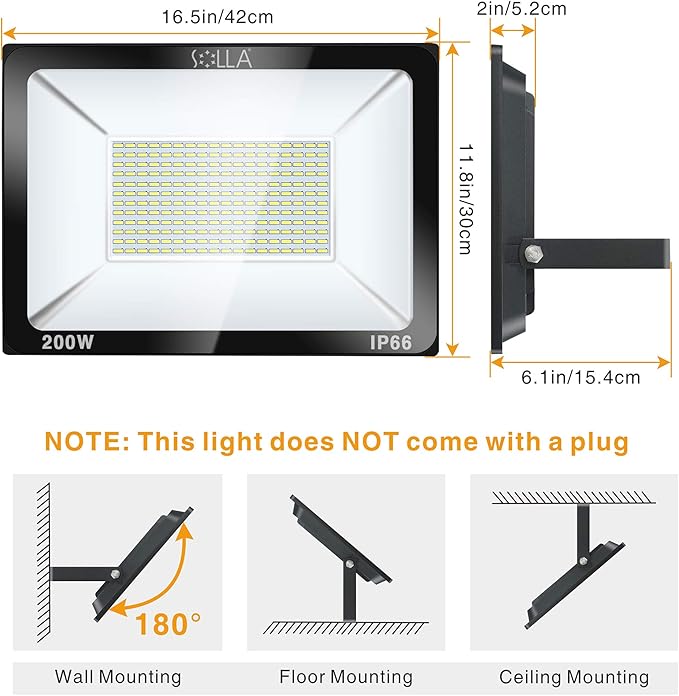 200W LED Flood Light Outdoor, 20000lm Super Bright Security Light, 1060W Equivalent, 3000K Warm White, IP66 Waterproof Outside Floodlights, LED Arena Light for Garage, Garden, Yard