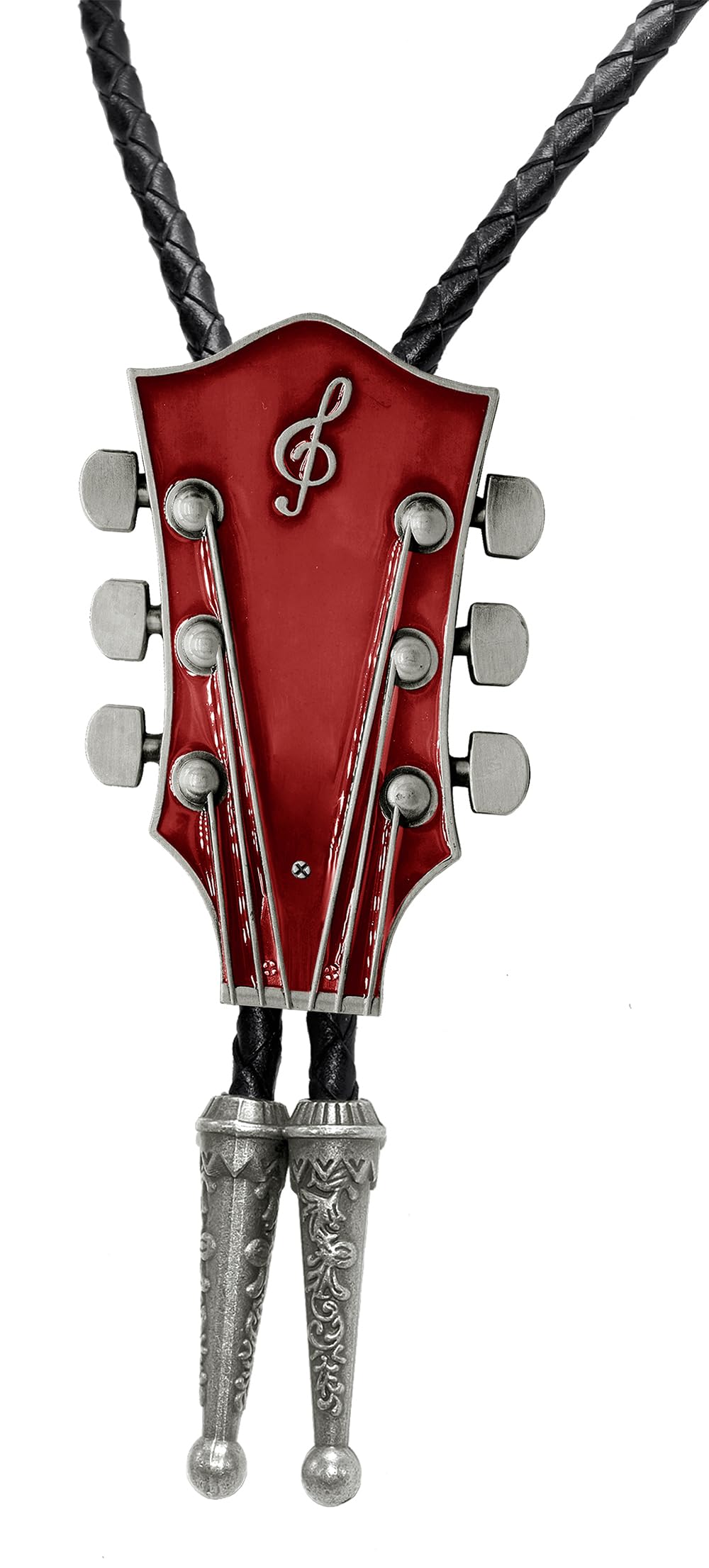 Moranse Bolo Tie With Guitar Music Lover Design Cowboy and Genuine Cowhide Rope (Red 2)