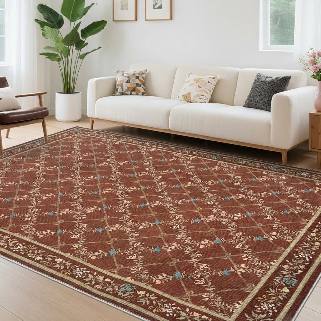 Garvee 8x10 Rugs for Living Room Floral Rug for Bedroom Washable Rugs Stain Resistant Easy Cleaning Non Slip Floor Cover for Dining Room Office Nursery, Red