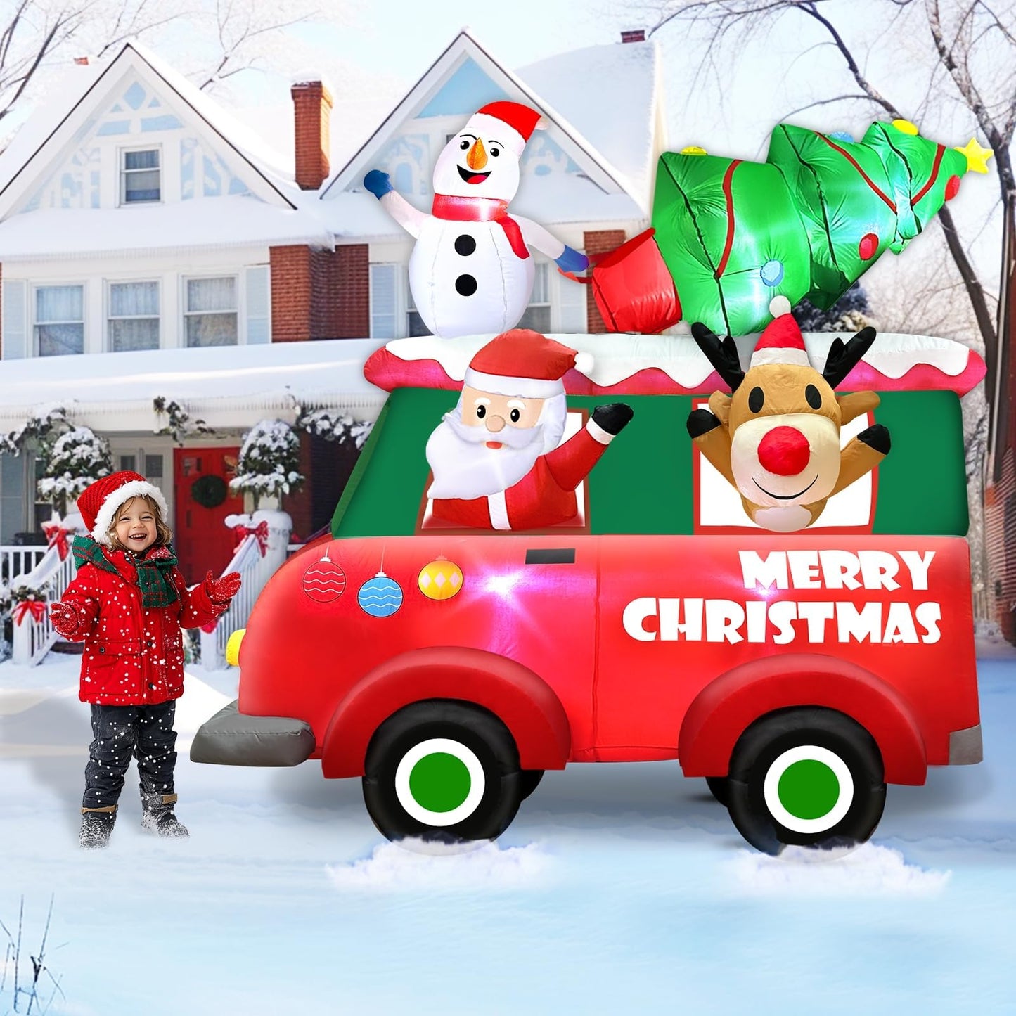 8 Ft Ht x 8 Ft L Giant Christmas Inflatables Outdoor Decorations, LED Lighted Santa Claus Inflatables Truck with Snowman and Reindeer, Christmas Tree Blow Up Yard for Holiday Outdoor Garden Lawn Decor
