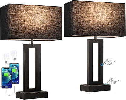 Seealle Nightstand Table Lamps for Bedrooms Set of 2 - Touch Bedside Lamp with USB C+A, 3 Way Dimmable Living Room End Tables 2, Modern Night Stand Bed Side Guest Room(Black) E. Black