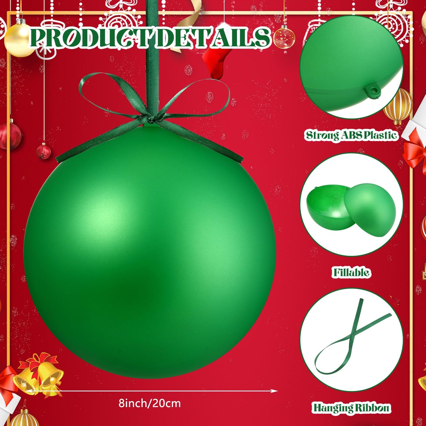 Zubebe 2 Pcs 8" Giant Fillable Christmas Ornaments with Ribbons Oversized Plastic Xmas Balls for Outdoor Lawn Yard Decor, Tree Hanging, Holiday Gifts(Matte Green)