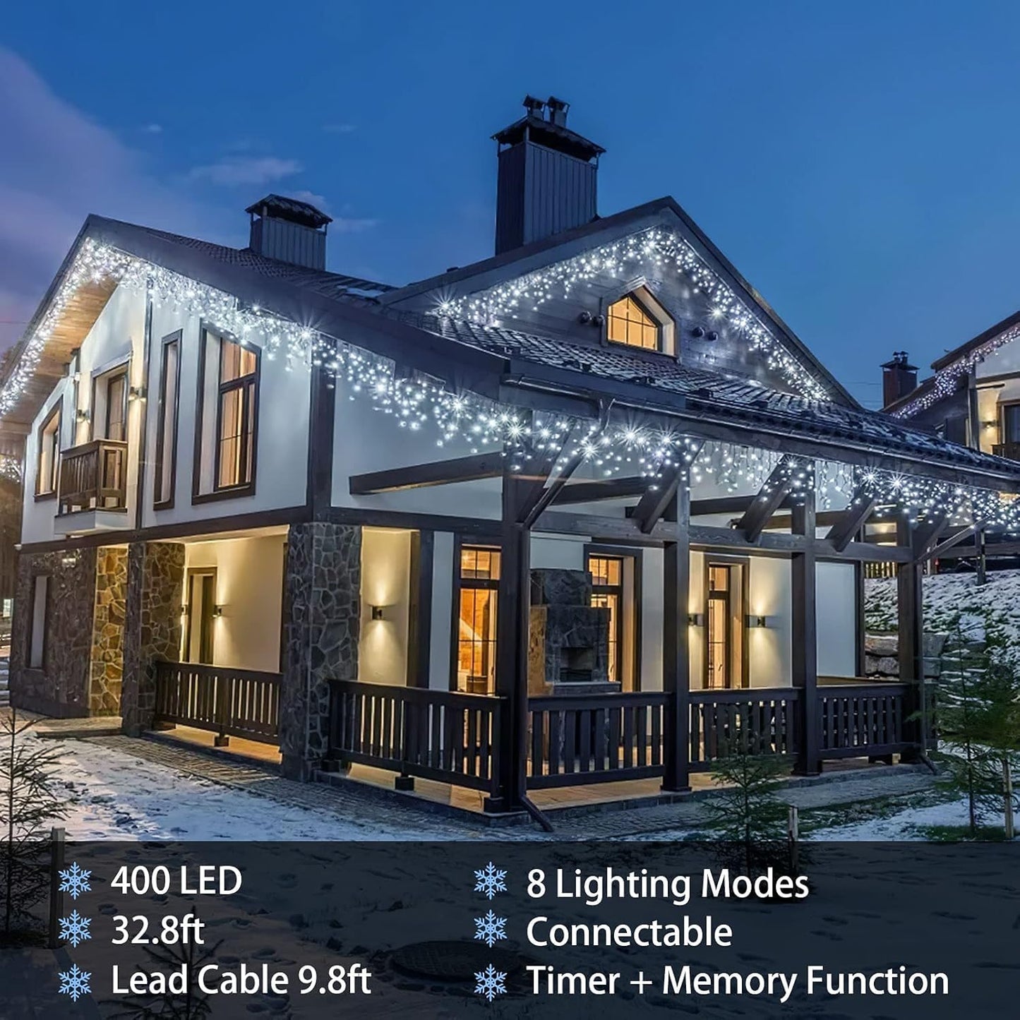 32.8ft 400 LED Icicle String Lights, 8 Modes Waterproof Icicle Christmas Lights Outdoor with Memory Function, Curtain Fairy Lights Hanging Decor for Home, Party, Christmas & Halloween (Cool White)