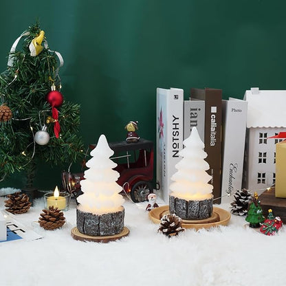 Homemory Christmas Tree Candles with Stump, 2 Pcs Waxy LED Flameless Candles Flickering, White Electric Lights Battery Operated for New Year Celebration Holiday Decorations 6.3 Inches