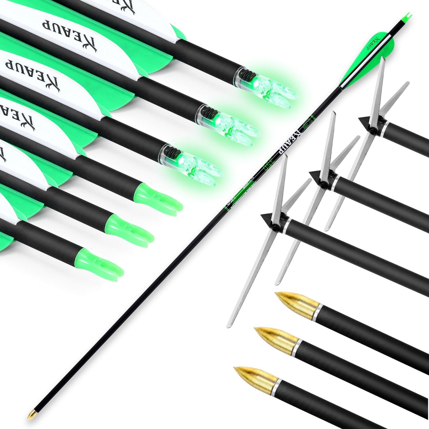 KEAUP 6 Pack 30 Inch Carbon Arrows for Compound Bow with 100 Grain Turkey Broadheads & Lighted Nocks Practice Target Hunting Arrows for Compound Recurve Bow (Spine 400)