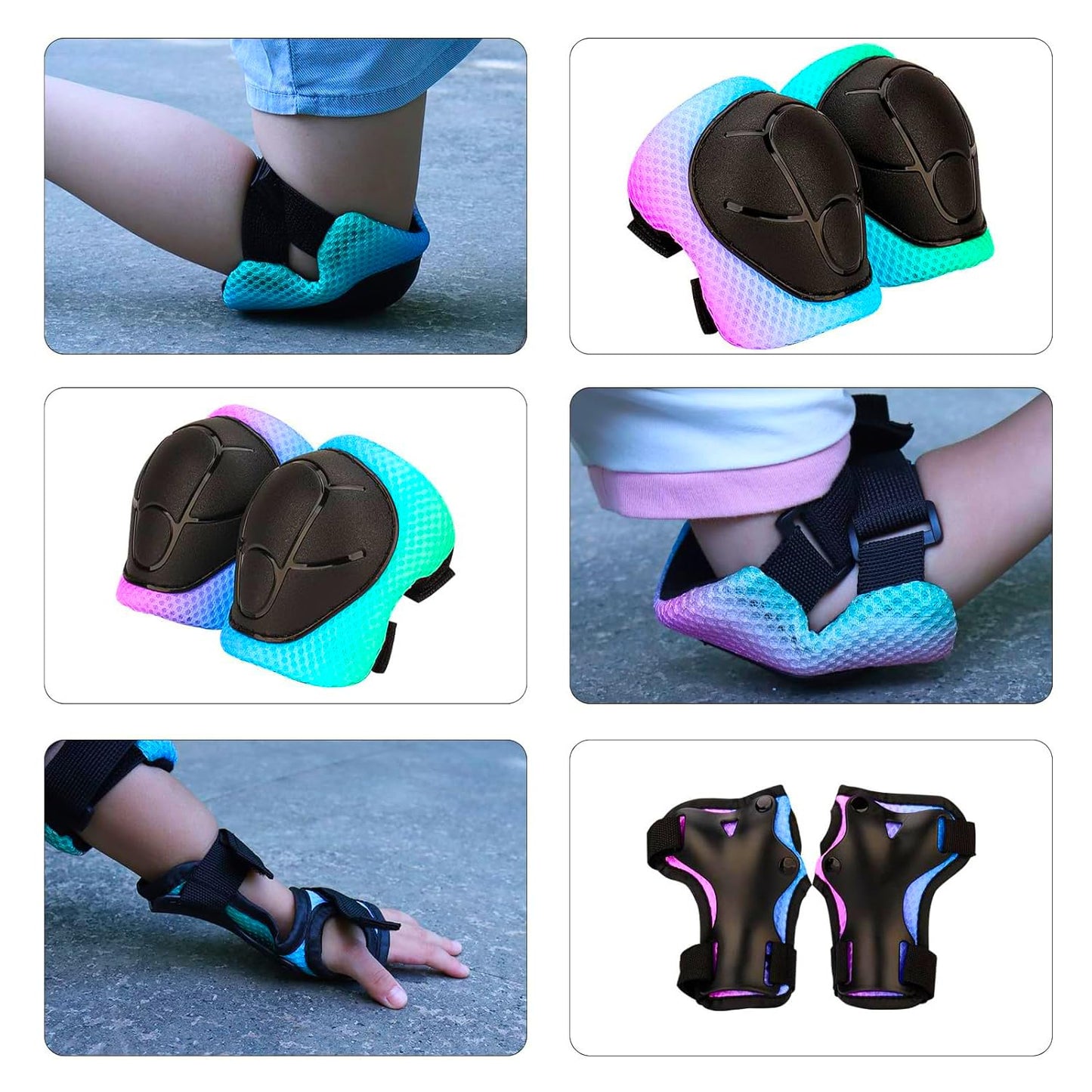 Color Gradient Adjustable Kids Bike Helmet with Knee & Elbow Pads Set | Multi-Sport Safety Gear for Boys & Girls Ages 5-14 | Skateboarding, Scooters, Roller & Inline Skating, Longboarding