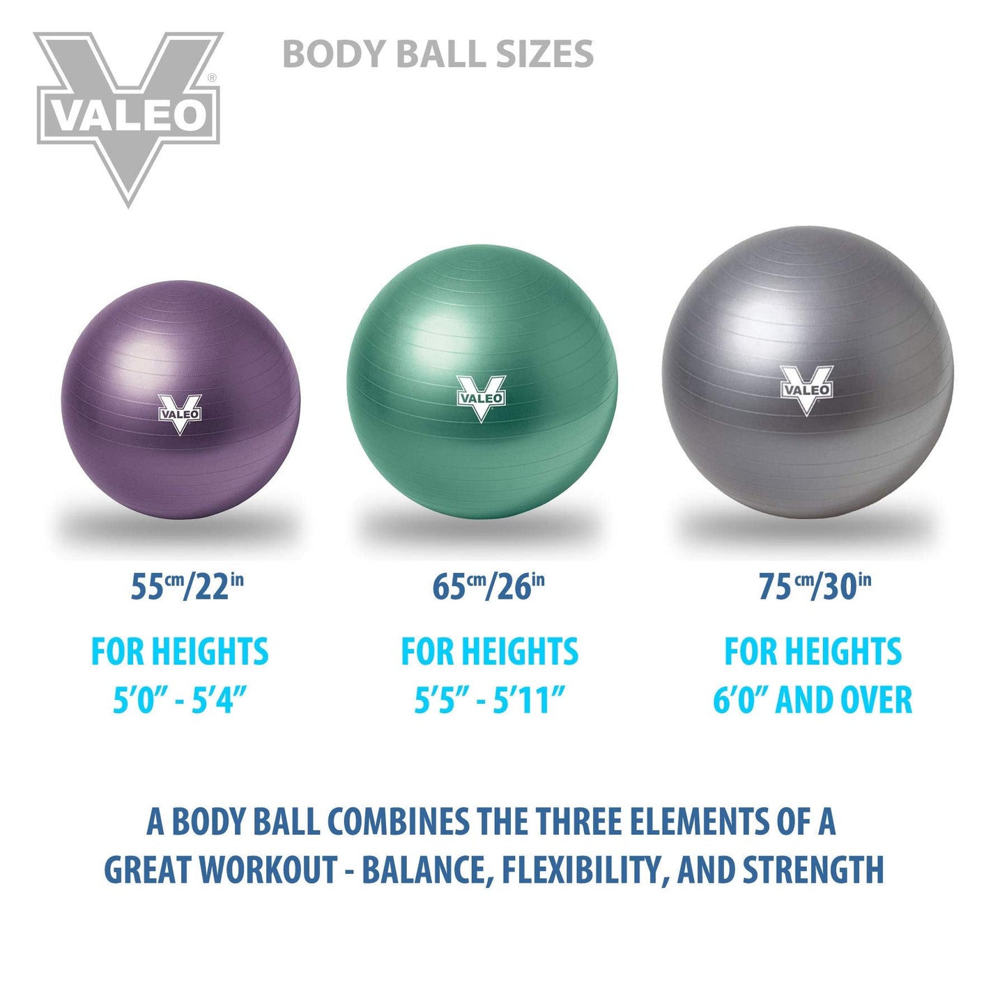 Valeo Exercise Body Ball - Professional Grade Anti-Burst Fitness, Balance Ball for Pilates, Yoga, Stability Workout & Training Physical Therapy, 65CM/26IN, BLUE