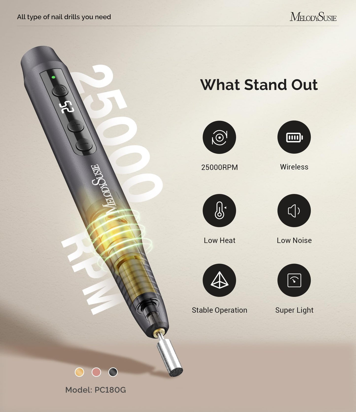 MelodySusie Cordless Nail Drill, PC180G 25,000RPM Rechargeable Electric Nail File with Nail Drill Bits,Sanding Bands