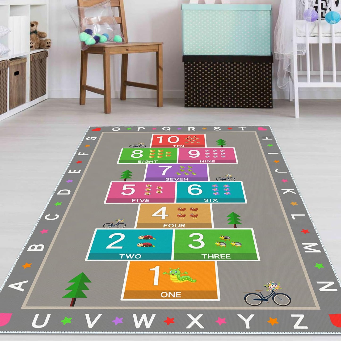 YLZLDKH Hopscotch Play Rug Carpet for Kids, ABC Alphabet Number Educational Rug, Children's Counting Game Mat for Playroom, Classroom, Bedroom and Nursery (Grey, 47x71 in)