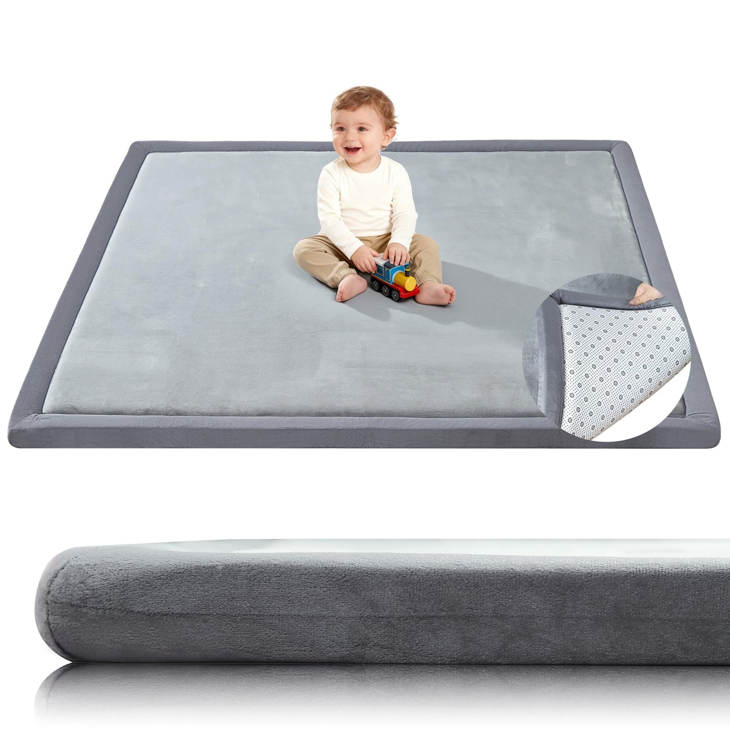 Baby Play Mat for Floor,1.3" Thick 47x47 Play Mat for Playpen,Tummy Time Foam Mats,Plush Soft Padded Playmate for Babies 6-12 Months Crawling,Non-Slip Nursery Rug for Toddler Kids Playroom(Grey)