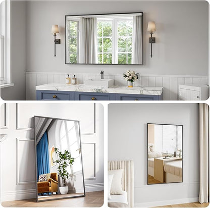 Bathroom Mirror 36x48 Black Bathroom Wall-Mounted Mirrors, Modern Vanity Mirror for Bedroom, Living Room, Aluminum Alloy Frame Allow to Hang Horizontally or Vertically