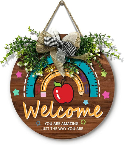 Teacher Classroom Door Sign Wooden Welcome Door Sign for Classroom Apple Star Flower Teacher Wreath for Classroom Door Rainbow Hanging Plaque Kids Classroom 12 inch
