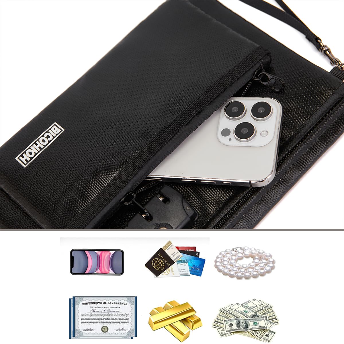 Fireproof Money Bag with Lock, Cash Bag Bank Bag for Cash, Valuable Storage Bag,Fireproof Safe Box Money Pouch with Zipper (BLACK, Small)