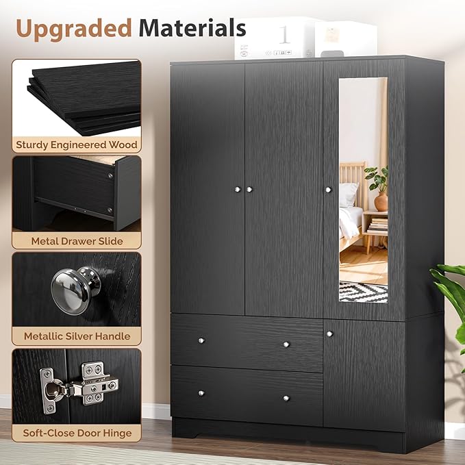 VINGLI Armoire Wardrobe Closet with Doors and Mirror,47" W Wardrobe Cabinet Wooden with Hanging Rod & Shelves Inside, 4 Door Bedroom Armoires with Drawers, Black Freestanding Armoire for Bedroom