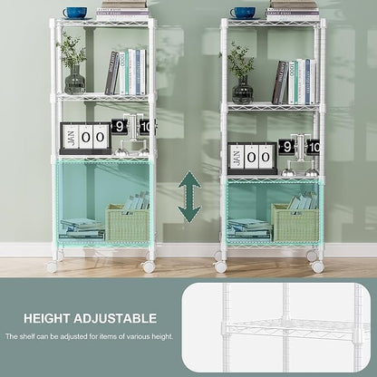 M MZG 1000 lbs 4-Shelf Adjustable Heavy Duty Steel Wire Rack, Adjustable Storage Shelving Unit with Wheel for Kitchen, Garage, Laundry White 11.8" D x 17.7" W x 40.8" H