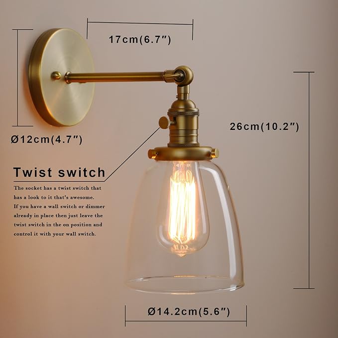Pathson Loft Vintage Wall Light Dia 5.6" Wall Lamp with Oval Clear Glass Shade Design Vintage Industrial Home Wall Light Metal Base Cap Fixture Flush Mount Wall Sconce Lights (Brass)
