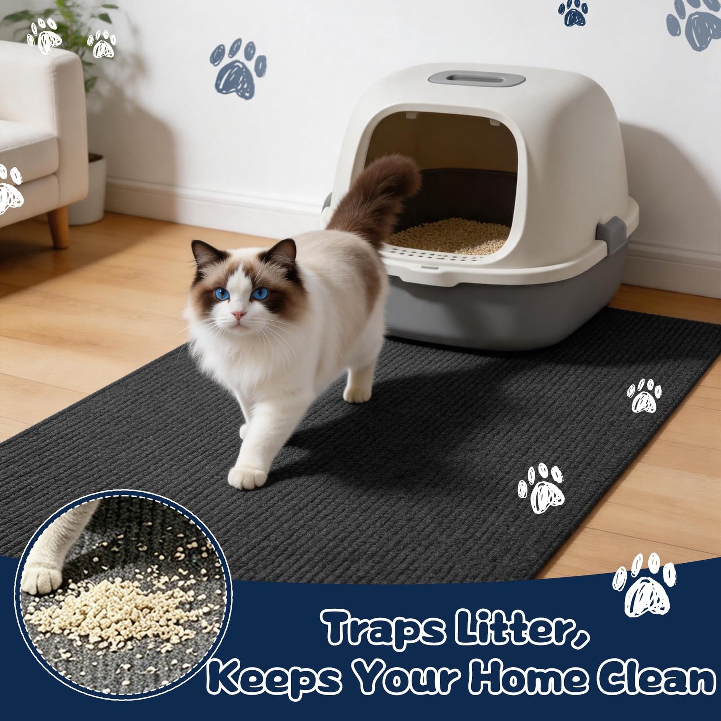 Wibeelee Large Cat Litter Box Mat Waterproof Non-Slip Litters Trapping Mat 30" X 45" Durable Cat Rug for Floor Protection, Soft on Kitty Paws and Easy to Clean