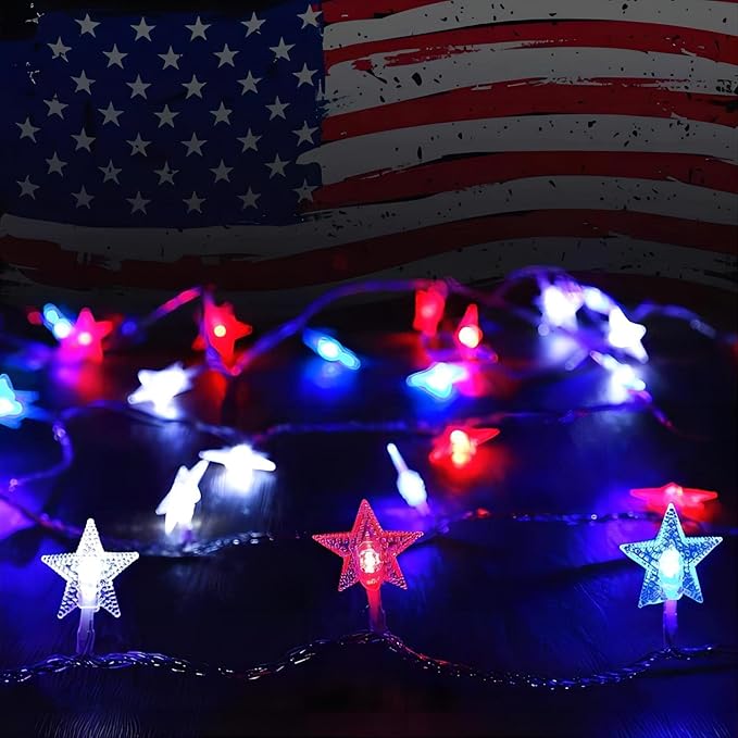 ITICdecor 4th of July Decor Red White Blue Stars String Lights, 15 FT 30 LED Fairy Lights Battery Operated Indoor&Outdoor Star Lights for Independence Day President Day Memorial Day