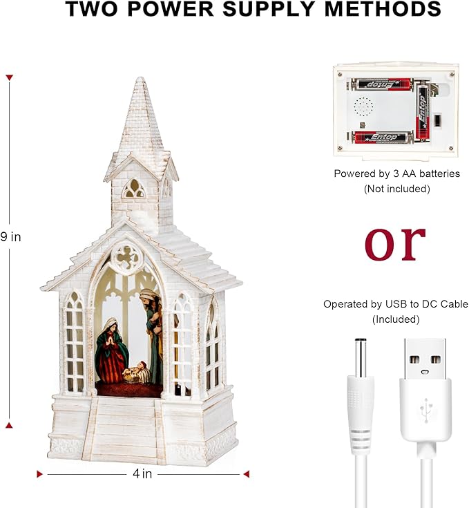 Christmas Nativity Snow Globe Lantern Musical Holy Family Lighted Water Church with Silent Night Music for Christmas Festival Decoration Gifts