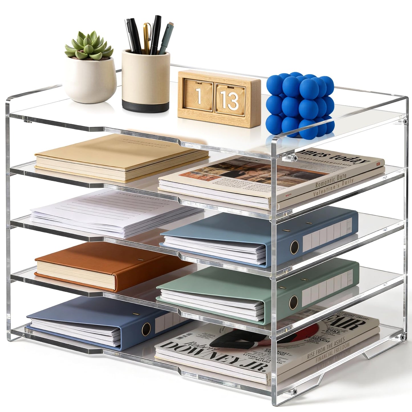 Leffis 5 Tier Acrylic Desk Paper Organizer, Clear Desk Organizer and Accessories Letter Tray for Papers, Documents, File Office Home Classroom Organization