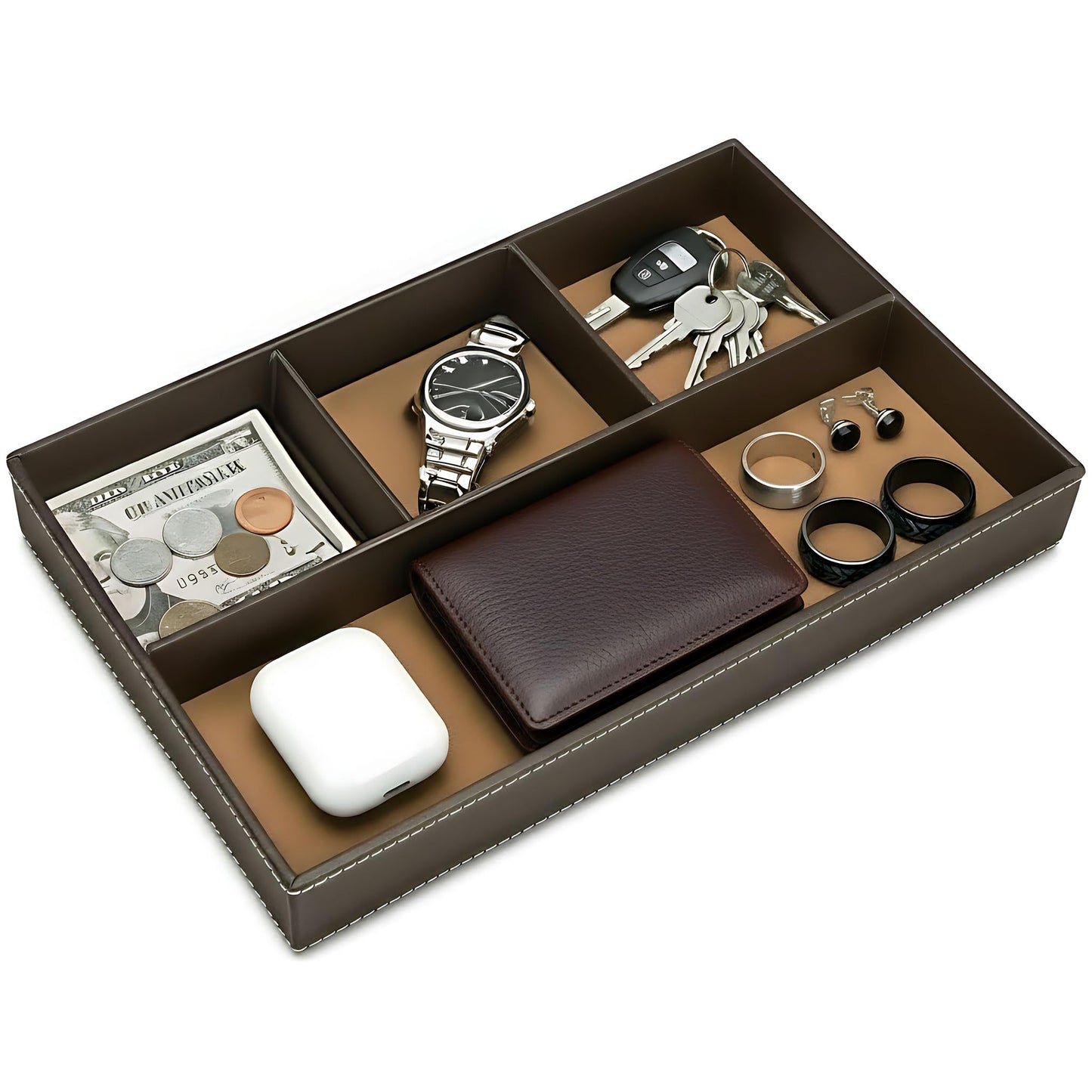 AUMISKY Leather Valet Tray Organizer, Stackable Nightstand & Dresser Storage Tray, Entryway Desk Catchall Tray for Keys Wallet Watch Phone, Bedside Desktop PU Leather Drawer Caddy Tray - Brown