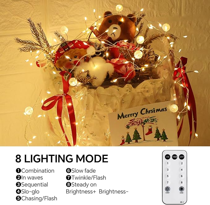 Copper Wire Firecracker Christmas Lights, 10FT 200LED Battery Operated Twinkle Cluster Fairy Lights for Christmas Tree with Remote for Bedroom Dorm Wreath DIY Wedding Christmas Decoration
