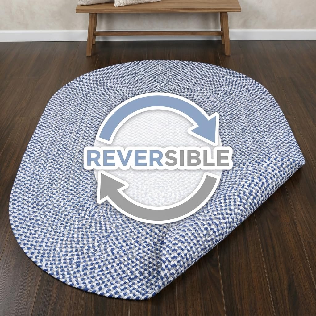 Super Area Rugs Tri-Color Cotton Farmhouse Braided Rug - Buffalo Check Blue,White,Gray 2' X 3' Oval