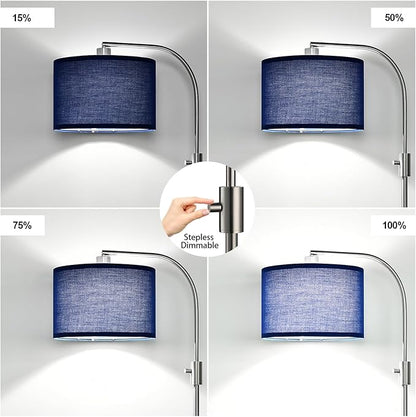 【Upgraded】 Dimmable Brushed Nickel Floor Lamp, 1200 Lumens LED Bulb Included, Arc Floor Lamps for Living Room Modern Standing Lamp with Blue Shade, Tall Lamp for Living Room Bedroom Office Study room
