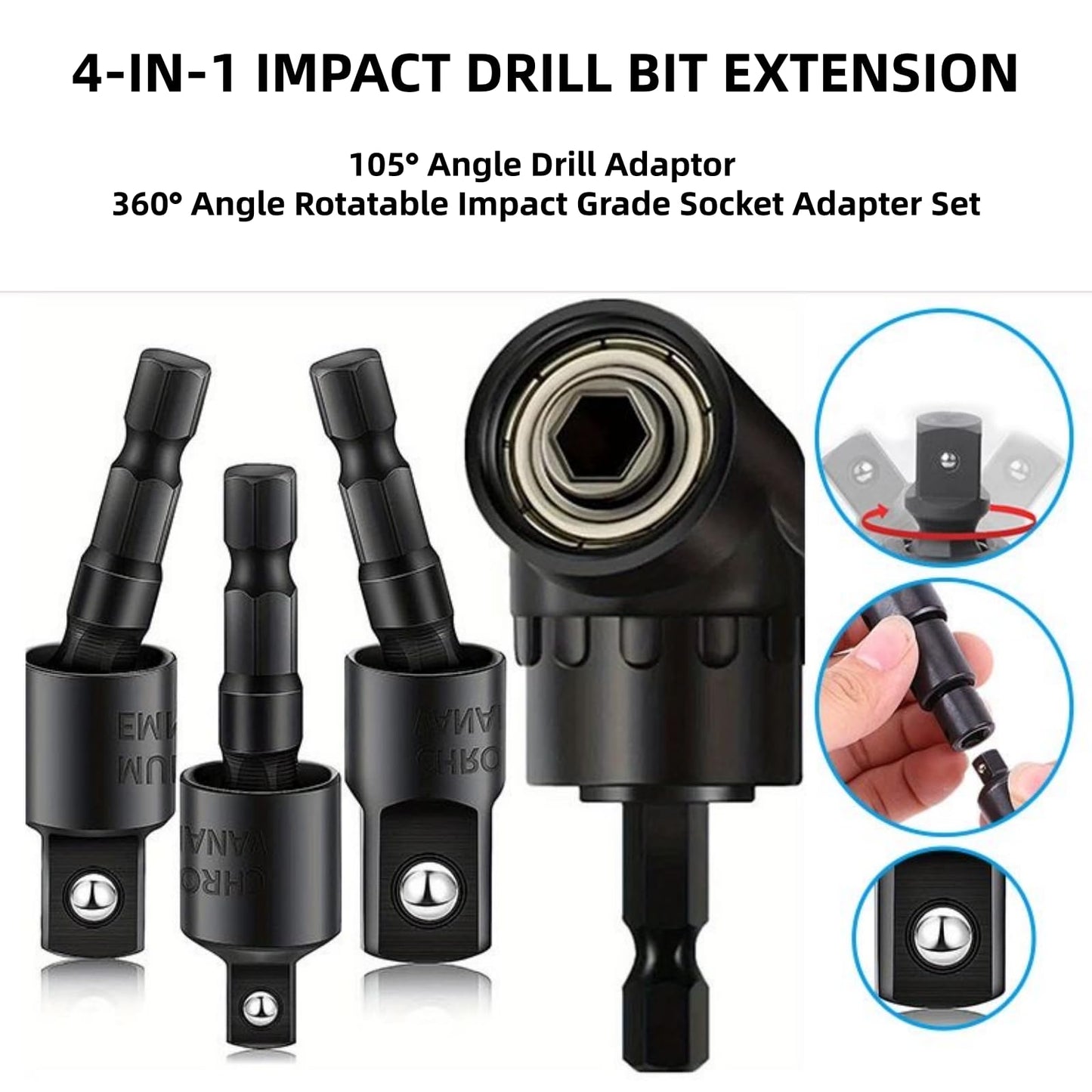 4-in-1 Impact Drill Bit Extension,Right Angle Drill Adaptor,Screwdriver Bit,Rotatable Impact Grade Socket Adapter Set,Hand Powered Tool Kit for Narrow Spaces for home work and daily maintenance