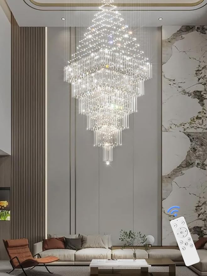 Flashing God D48''X H120'' Extra Large Chandeliers for High Ceilings Square Crystal Raindrop Gold Chandeliers Large Villa Chandelier Entrance Foyer Ceiling Light LED Dimmable 2700K-6000K
