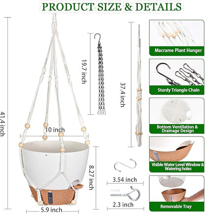 10 Inch Hanging Planters for Indoor Plants & Outdoor - 2 Pack Self-Watering Hanging Pots with Drainage Holes, Visual Reservoir, 2 Hangers - Self-Watering Hanging Baskets Flower Pots