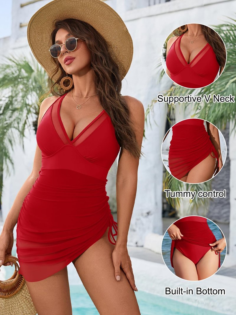 Blooming Jelly Women One Piece Swimsuits Tummy Control Swim Dress Slimming Sexy Sarong Wraps Swim Suits (L, Ruby Red)